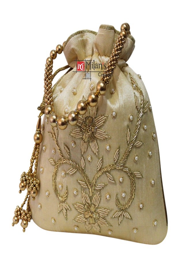 MILAN'S CREATION Golden Zardozi Work potli bags for Women Hand Embroidery Drawstring Potli Women's Handbag Purse With Pearl Handle & Tassel Purse (Gold) - Image 3
